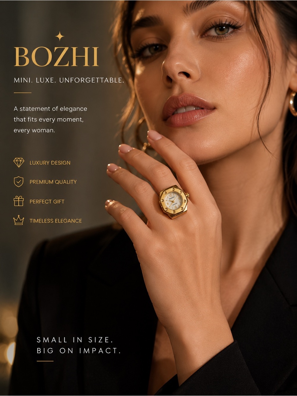 Gold or Silver Hexagonal Watch-Style Ring for Women - Gold Fashion Ring